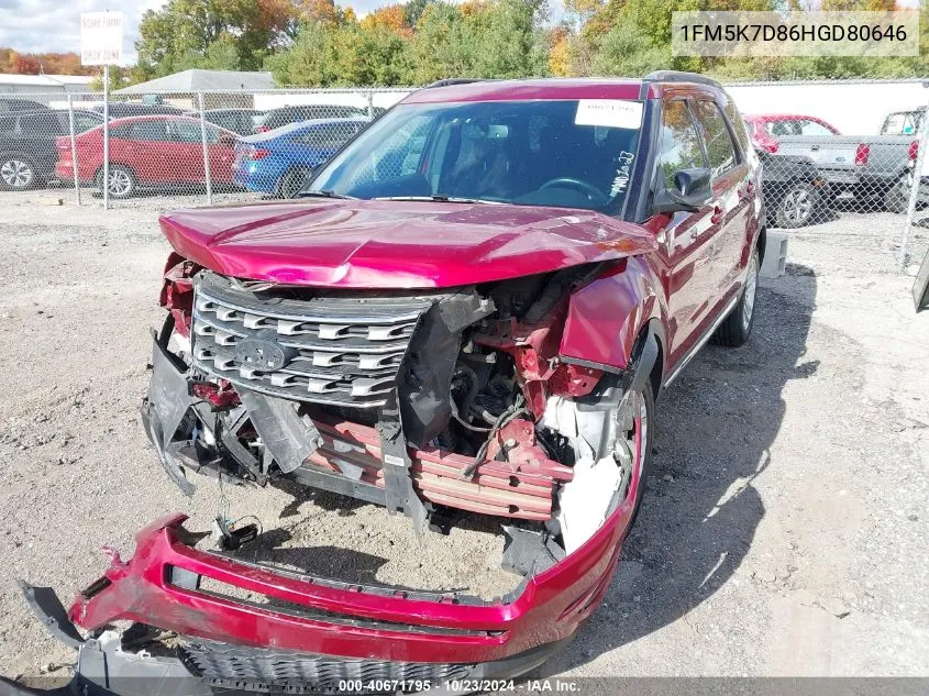 2017 Ford Explorer Xlt VIN: 1FM5K7D86HGD80646 Lot: 40671795