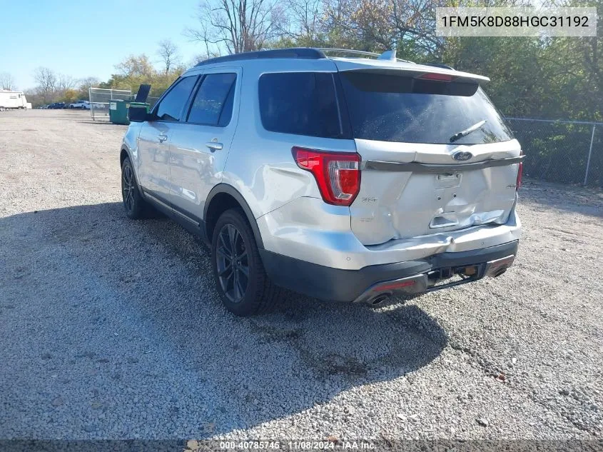 2017 Ford Explorer Xlt VIN: 1FM5K8D88HGC31192 Lot: 40785745