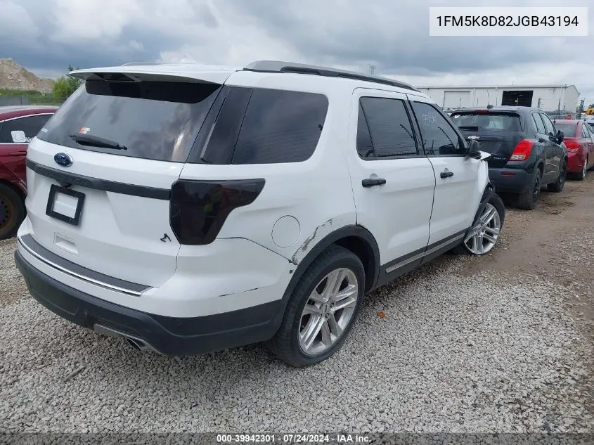 2018 Ford Explorer Xlt VIN: 1FM5K8D82JGB43194 Lot: 39942301