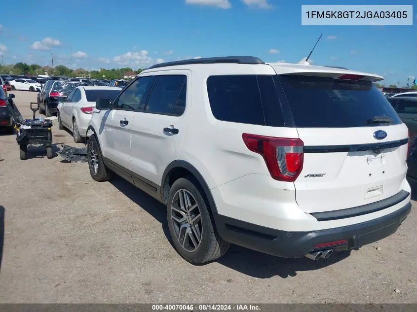 2018 Ford Explorer Sport VIN: 1FM5K8GT2JGA03405 Lot: 40070045