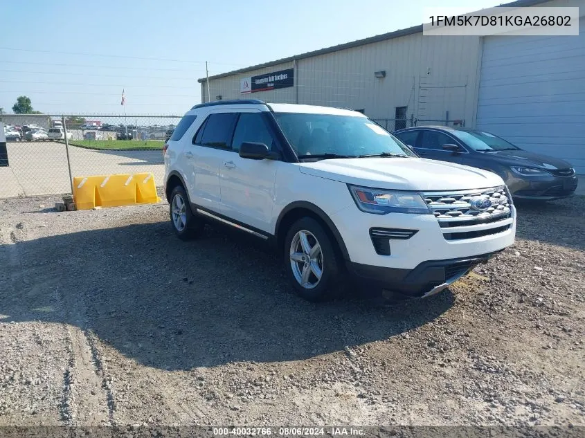 1FM5K7D81KGA26802 2019 Ford Explorer Xlt