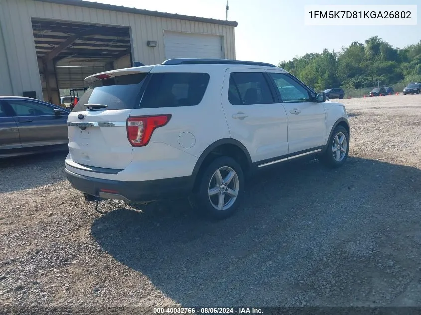 2019 Ford Explorer Xlt VIN: 1FM5K7D81KGA26802 Lot: 40032766