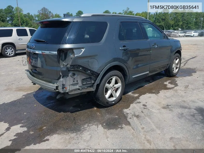 2019 Ford Explorer Xlt VIN: 1FM5K7D80KGB35641 Lot: 40078422