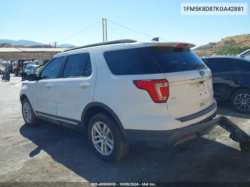 2019 Ford Explorer Xlt VIN: 1FM5K8D87KGA42881 Lot: 40506938