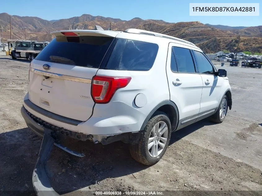 2019 Ford Explorer Xlt VIN: 1FM5K8D87KGA42881 Lot: 40506938