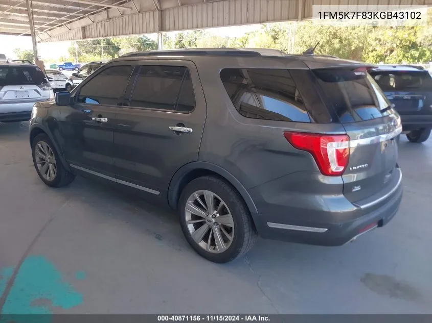 2019 Ford Explorer Limited VIN: 1FM5K7F83KGB43102 Lot: 40871156