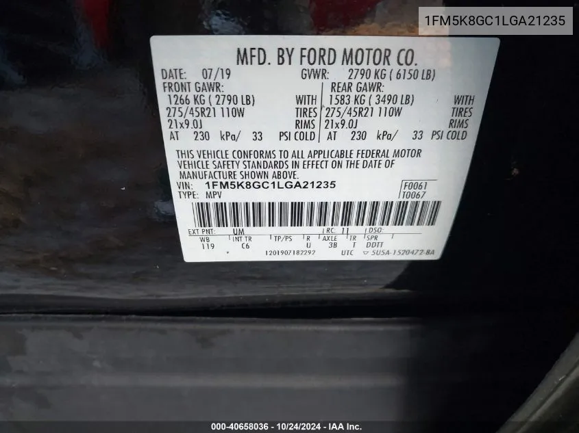 2020 Ford Explorer St VIN: 1FM5K8GC1LGA21235 Lot: 40658036