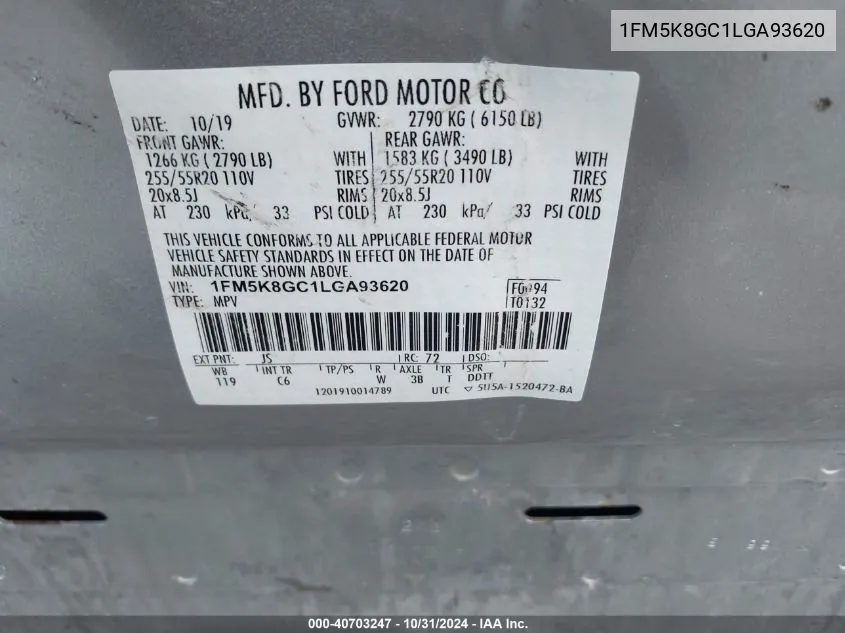 2020 Ford Explorer St VIN: 1FM5K8GC1LGA93620 Lot: 40703247