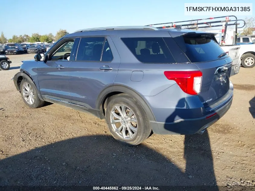 2021 Ford Explorer Limited VIN: 1FMSK7FHXMGA31385 Lot: 40445862