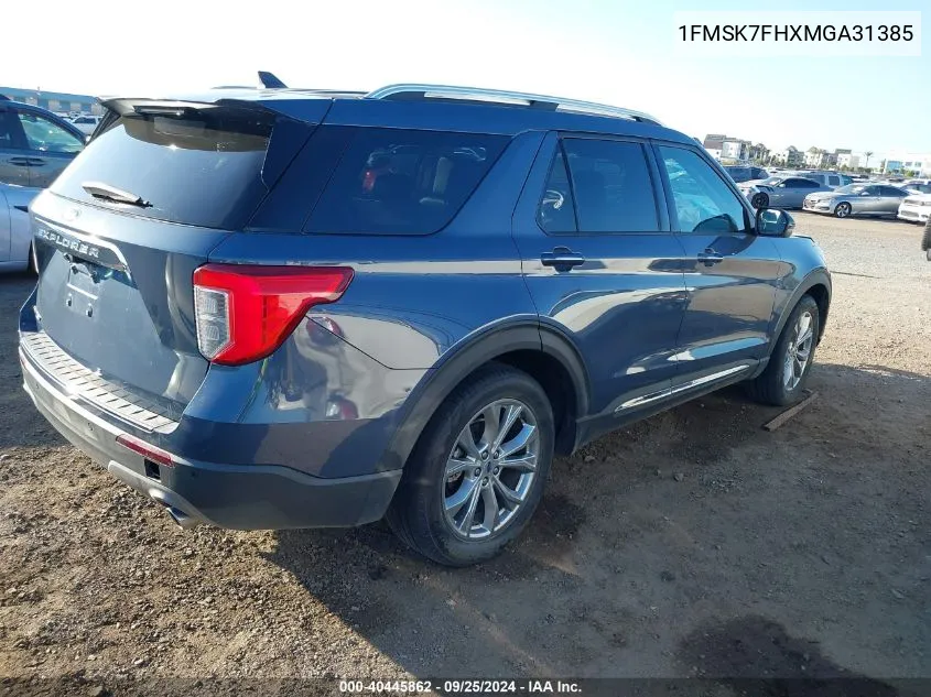 2021 Ford Explorer Limited VIN: 1FMSK7FHXMGA31385 Lot: 40445862