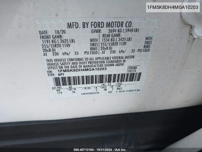 2021 Ford Explorer Xlt VIN: 1FMSK8DH4MGA10203 Lot: 40713164