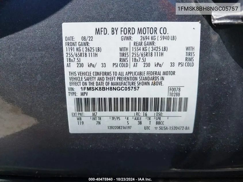 2022 Ford Explorer VIN: 1FMSK8BH8NGC05757 Lot: 40475940