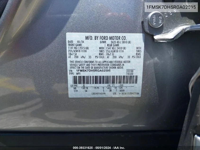 1FMSK7DH5RGA02595 2024 Ford Explorer Xlt