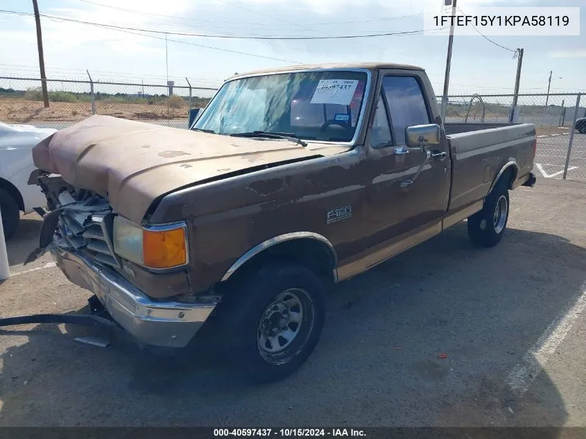 1989 Ford F150 VIN: 1FTEF15Y1KPA58119 Lot: 40597437