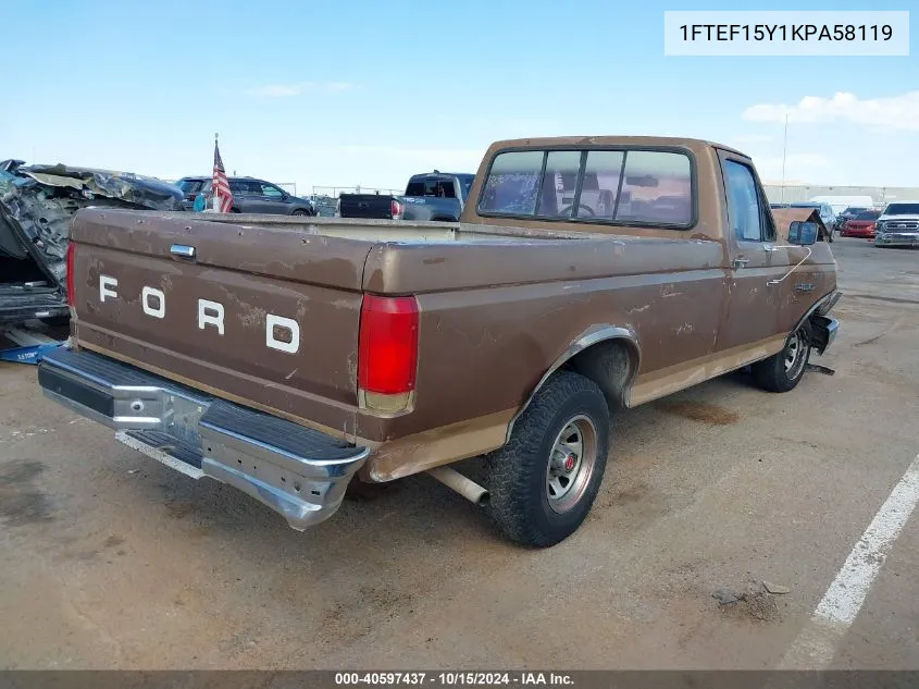 1989 Ford F150 VIN: 1FTEF15Y1KPA58119 Lot: 40597437