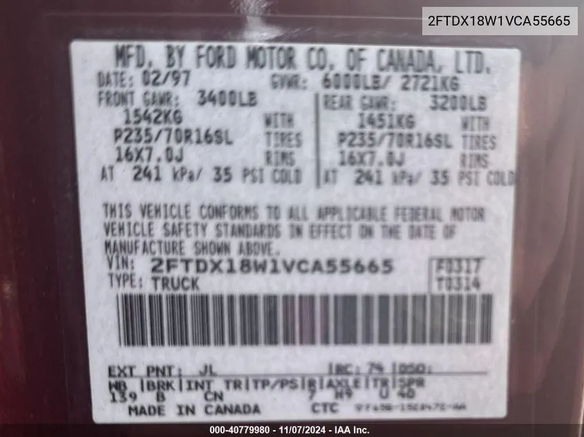 1997 Ford F-150 Lariat/Xl/Xlt VIN: 2FTDX18W1VCA55665 Lot: 40779980