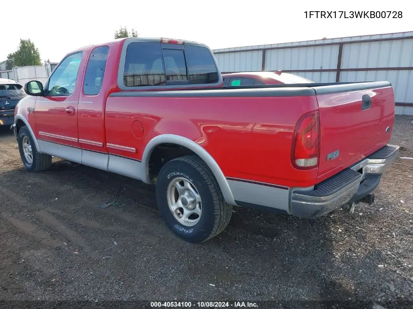 1998 Ford F-150 Lariat/Xl/Xlt VIN: 1FTRX17L3WKB00728 Lot: 40534100