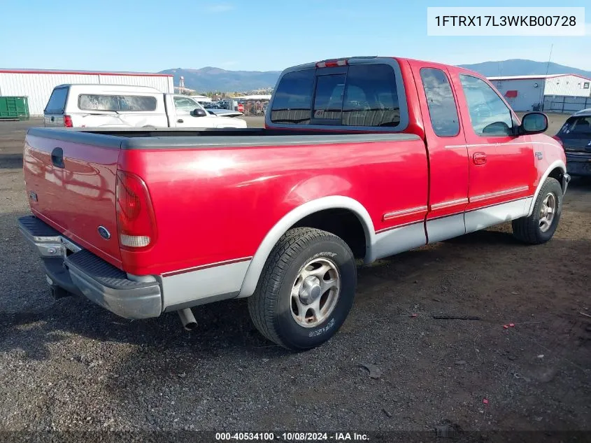 1998 Ford F-150 Lariat/Xl/Xlt VIN: 1FTRX17L3WKB00728 Lot: 40534100