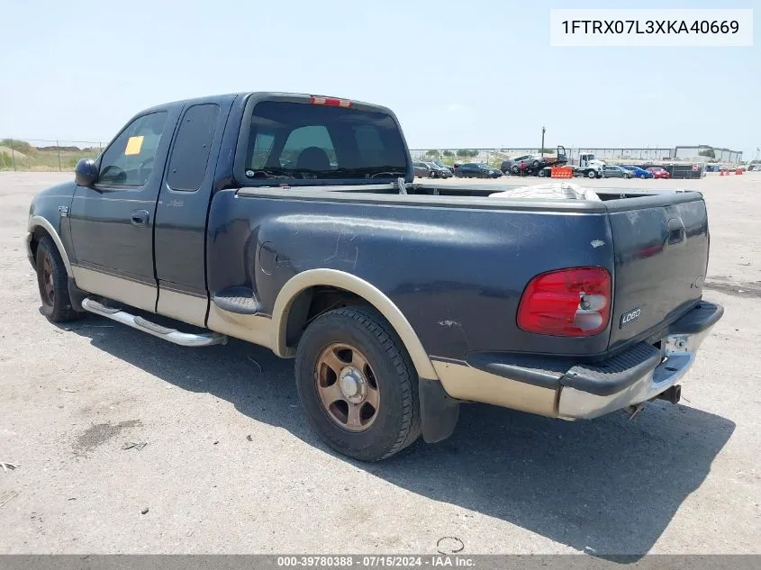 1999 Ford F-150 Lariat/Xl/Xlt VIN: 1FTRX07L3XKA40669 Lot: 39780388