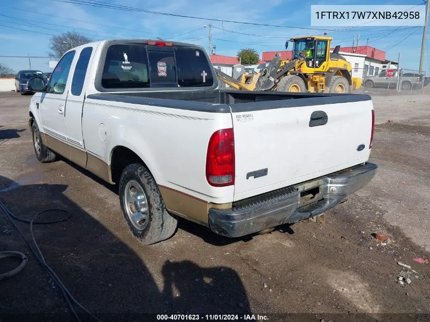 1999 Ford F-150 Lariat/Work Series/Xl/Xlt VIN: 1FTRX17W7XNB42958 Lot: 40701623