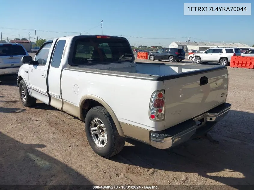 2000 Ford F-150 Lariat/Work Series/Xl/Xlt VIN: 1FTRX17L4YKA70044 Lot: 40485270