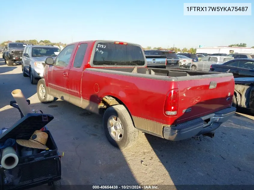 2000 Ford F150 VIN: 1FTRX17W5YKA75487 Lot: 40654438