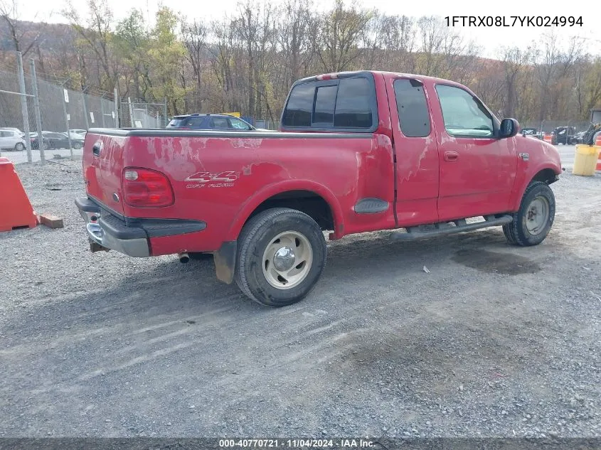 2000 Ford F-150 Lariat/Xl/Xlt VIN: 1FTRX08L7YK024994 Lot: 40770721