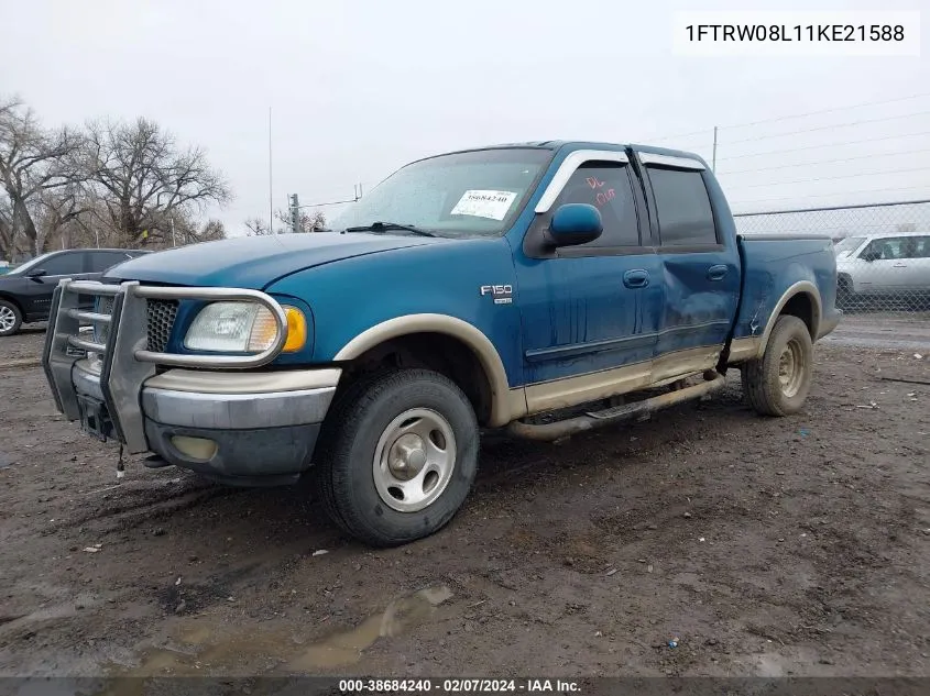 2001 Ford F-150 Supercrew King Ranch Edition/Lariat/Xlt VIN: 1FTRW08L11KE21588 Lot: 38684240