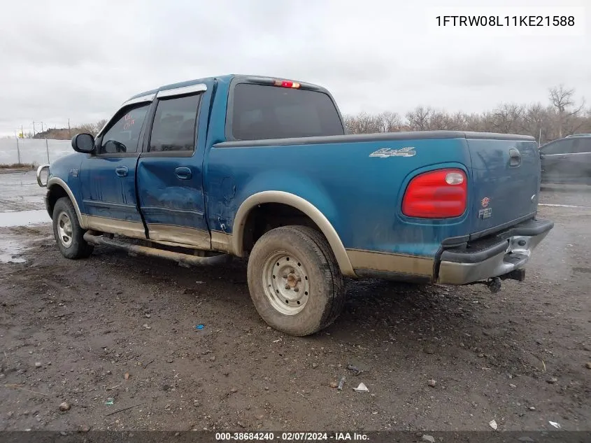 2001 Ford F-150 Supercrew King Ranch Edition/Lariat/Xlt VIN: 1FTRW08L11KE21588 Lot: 38684240