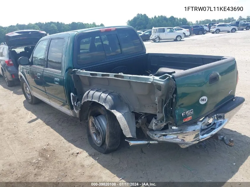 2001 Ford F-150 Harley-Davidson Edition/King Ranch Edition/Lariat/Xlt VIN: 1FTRW07L11KE43690 Lot: 39820108