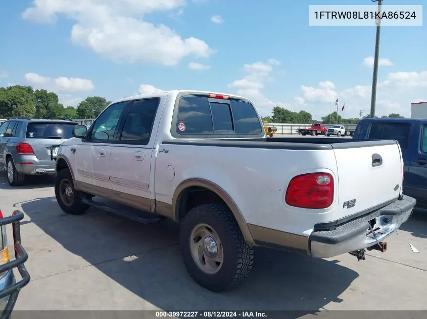 2001 Ford F-150 King Ranch Edition/Lariat/Xlt VIN: 1FTRW08L81KA86524 Lot: 39972227