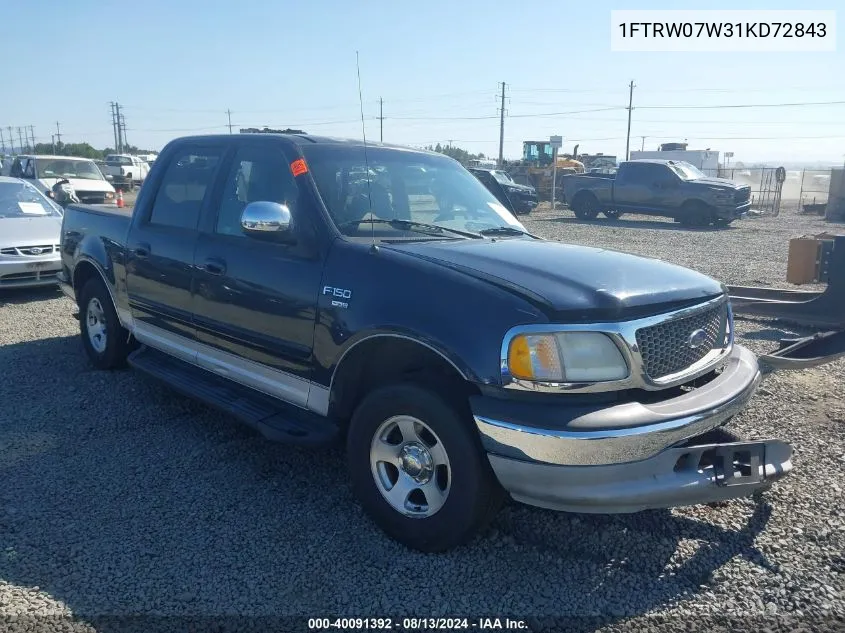 2001 Ford F-150 VIN: 1FTRW07W31KD72843 Lot: 40091392