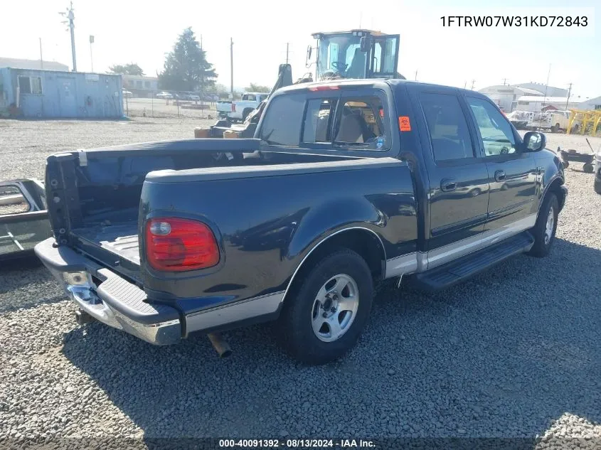 2001 Ford F-150 VIN: 1FTRW07W31KD72843 Lot: 40091392