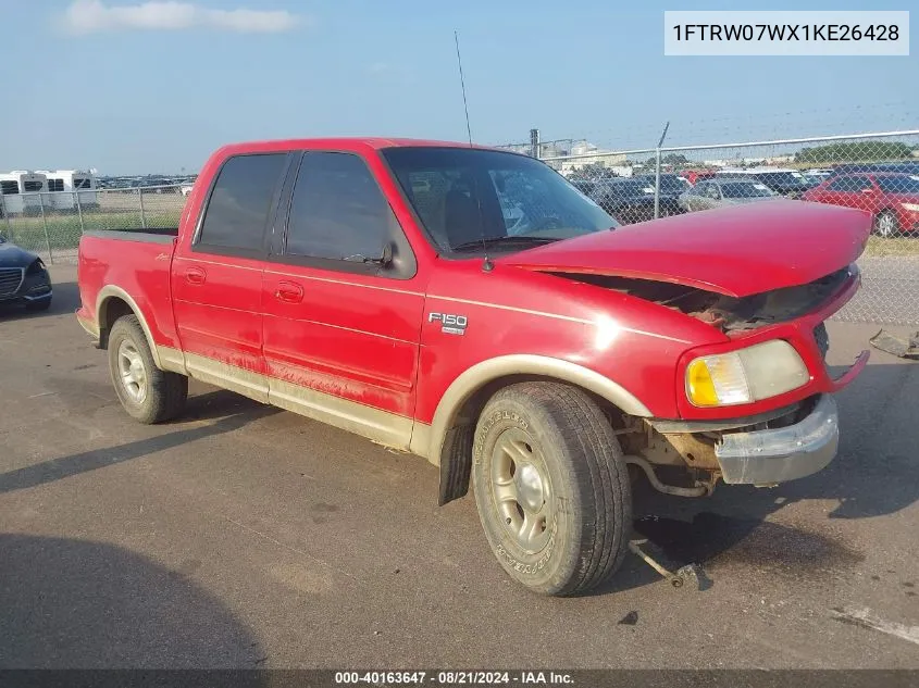 2001 Ford F150 Supercrew VIN: 1FTRW07WX1KE26428 Lot: 40163647