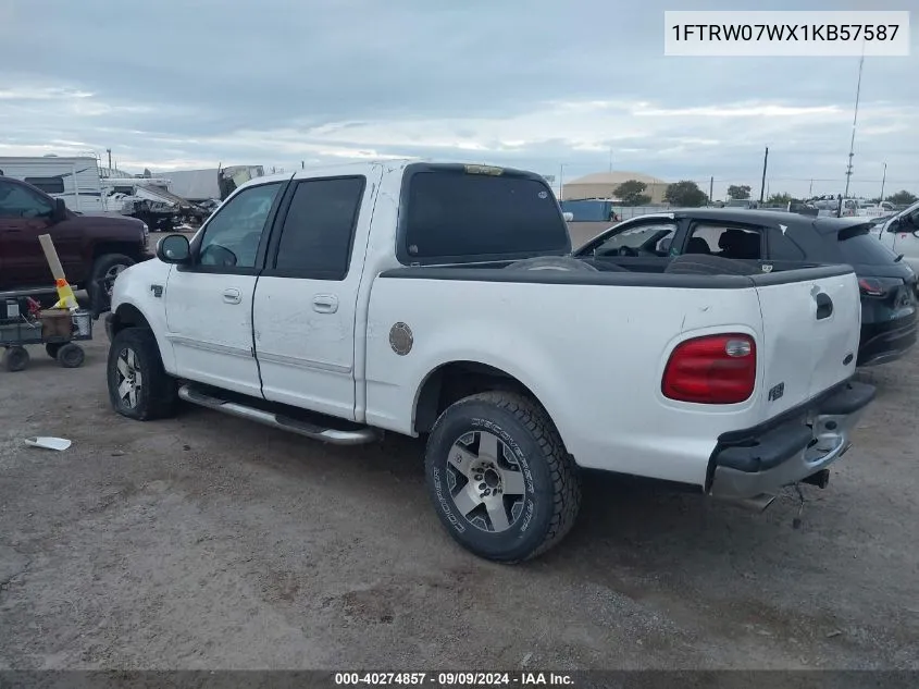 2001 Ford F-150 VIN: 1FTRW07WX1KB57587 Lot: 40274857