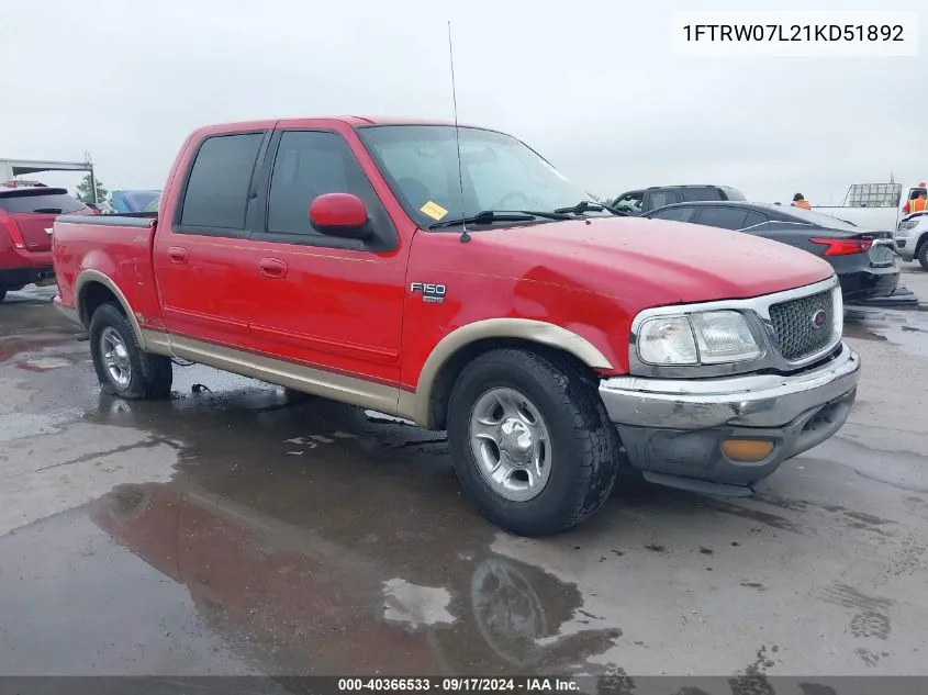 2001 Ford F-150 Harley-Davidson Edition/King Ranch Edition/Lariat/Xlt VIN: 1FTRW07L21KD51892 Lot: 40366533