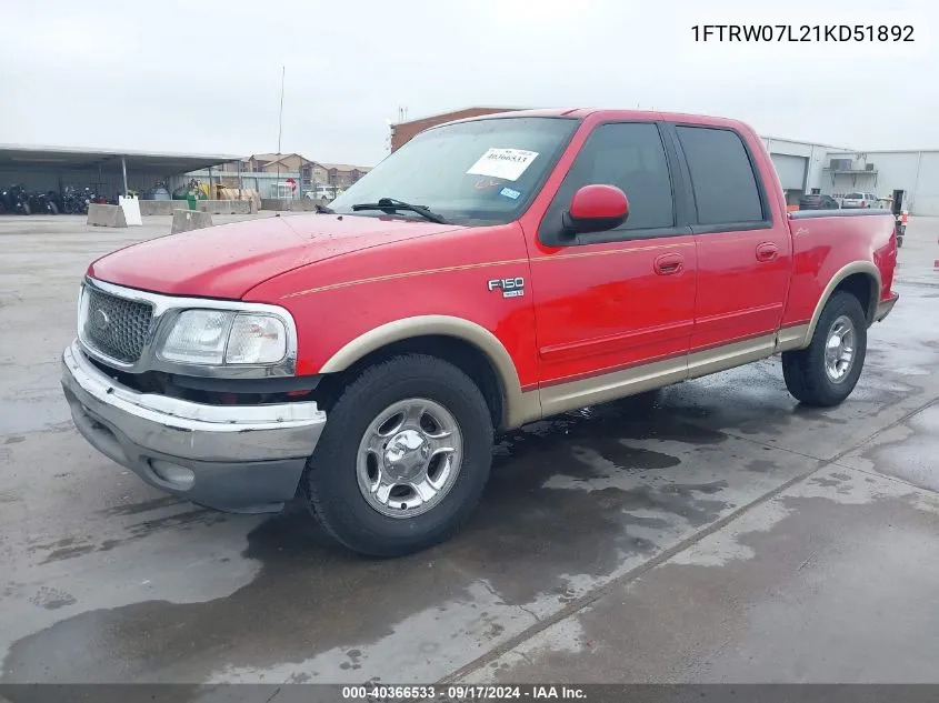 2001 Ford F-150 Harley-Davidson Edition/King Ranch Edition/Lariat/Xlt VIN: 1FTRW07L21KD51892 Lot: 40366533