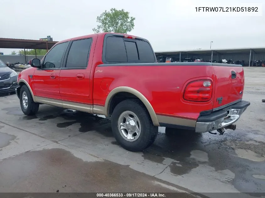 2001 Ford F-150 Harley-Davidson Edition/King Ranch Edition/Lariat/Xlt VIN: 1FTRW07L21KD51892 Lot: 40366533