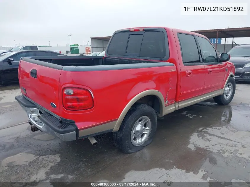 2001 Ford F-150 Harley-Davidson Edition/King Ranch Edition/Lariat/Xlt VIN: 1FTRW07L21KD51892 Lot: 40366533