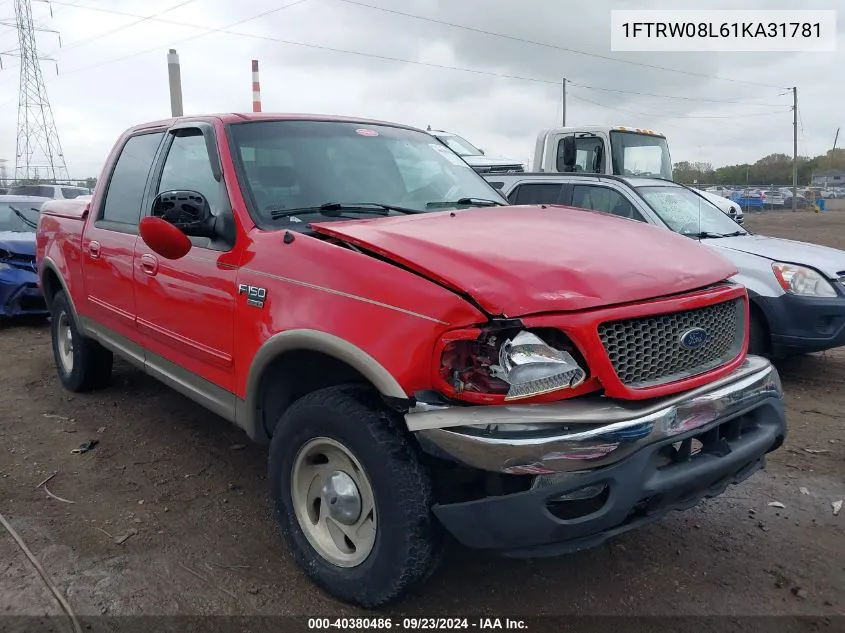 2001 Ford F150 Supercrew VIN: 1FTRW08L61KA31781 Lot: 40380486