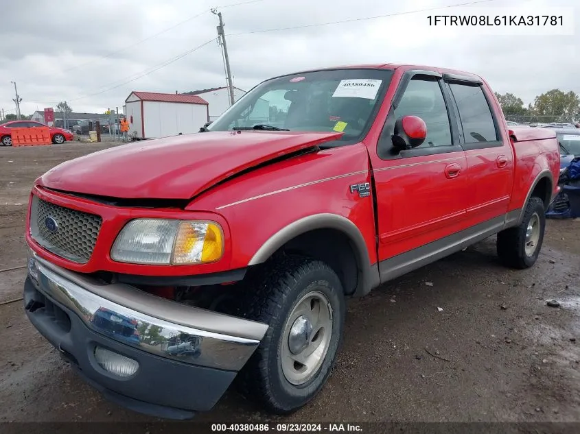 2001 Ford F150 Supercrew VIN: 1FTRW08L61KA31781 Lot: 40380486