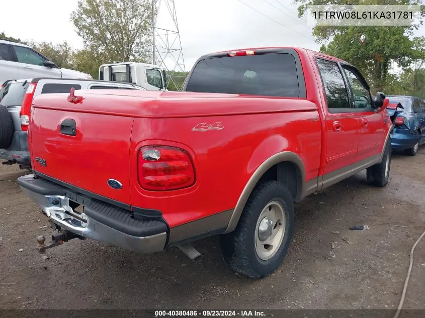 2001 Ford F150 Supercrew VIN: 1FTRW08L61KA31781 Lot: 40380486