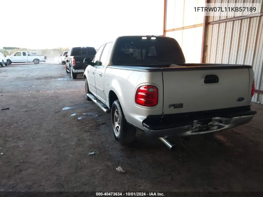 2001 Ford F150 Supercrew VIN: 1FTRW07L11KB57189 Lot: 40473634