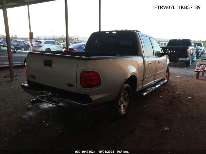 2001 Ford F150 Supercrew VIN: 1FTRW07L11KB57189 Lot: 40473634