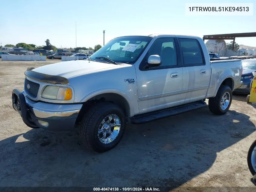 2001 Ford F-150 King Ranch Edition/Lariat/Xlt VIN: 1FTRW08L51KE94513 Lot: 40474138