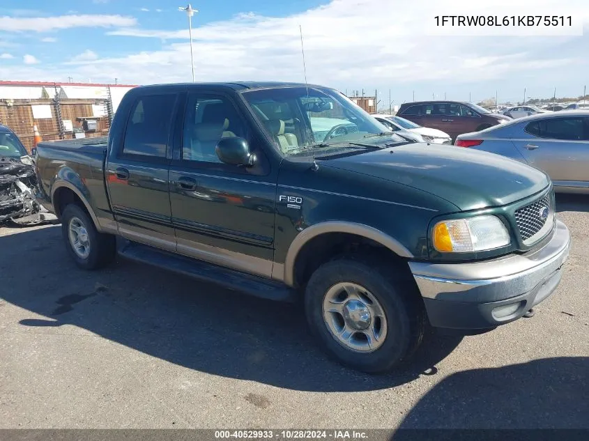 2001 Ford F-150 King Ranch Edition/Lariat/Xlt VIN: 1FTRW08L61KB75511 Lot: 40529933