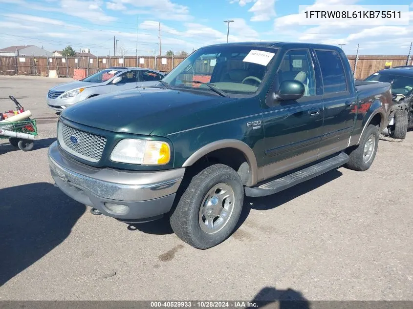 2001 Ford F-150 King Ranch Edition/Lariat/Xlt VIN: 1FTRW08L61KB75511 Lot: 40529933