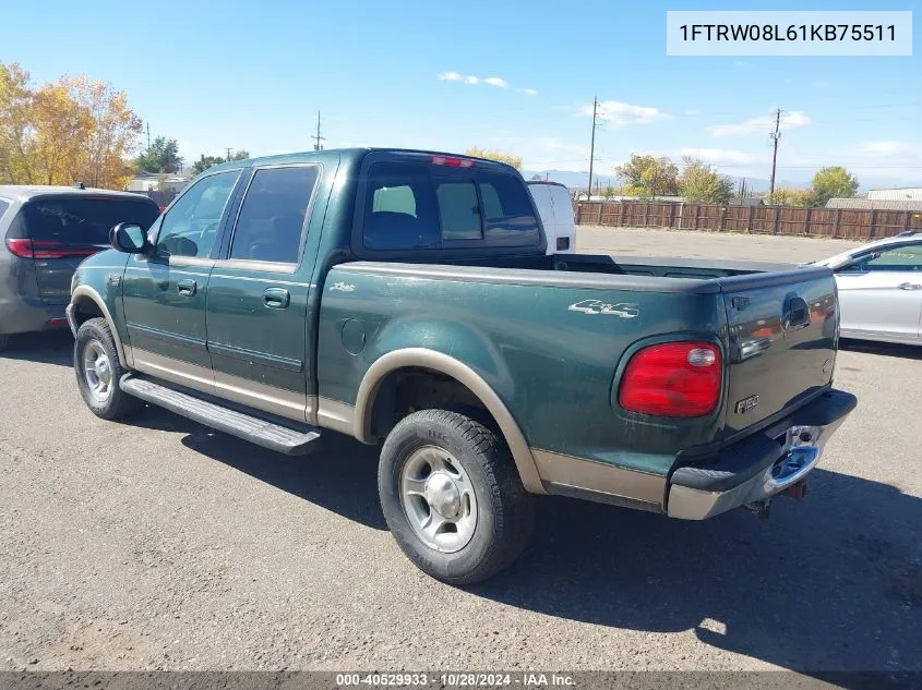 2001 Ford F-150 King Ranch Edition/Lariat/Xlt VIN: 1FTRW08L61KB75511 Lot: 40529933