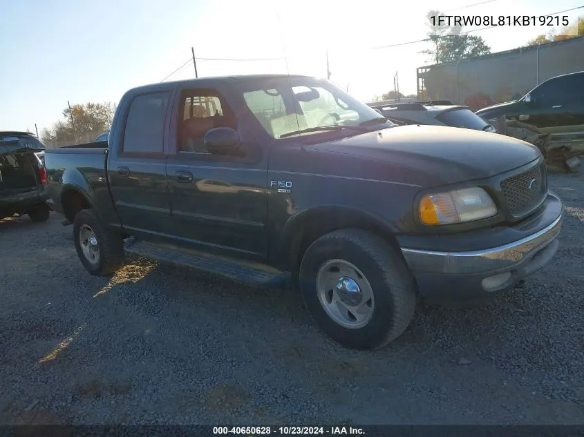 2001 Ford F-150 King Ranch Edition/Lariat/Xlt VIN: 1FTRW08L81KB19215 Lot: 40650628