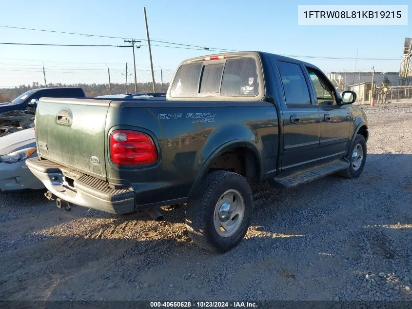 2001 Ford F-150 King Ranch Edition/Lariat/Xlt VIN: 1FTRW08L81KB19215 Lot: 40650628